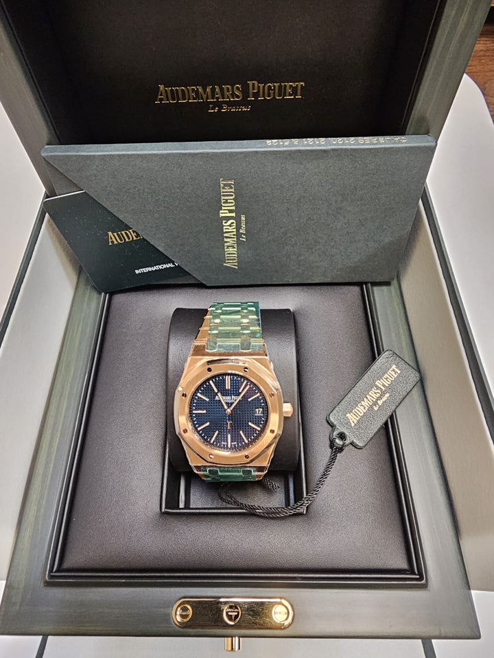 Audemars Piguet ROYAL OAK 39MM BLUE DIAL 18K PINK GOLD JUMBO EXTRA-THIN  15202OR.OO.1240OR.01.A MENS WATCH