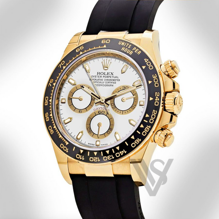 Brand New Rolex Daytona Yelllow Gold White Index Dial Oysterflex
