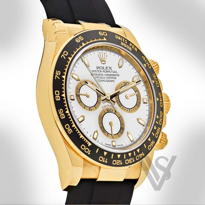 Brand New Rolex Daytona Yelllow Gold White Index Dial Oysterflex