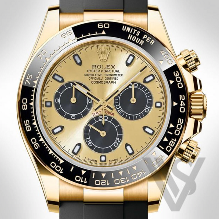 Brand New Rolex "Pikachu" Daytona Yelllow Gold Champagne and Black Index Dial Oysterflex