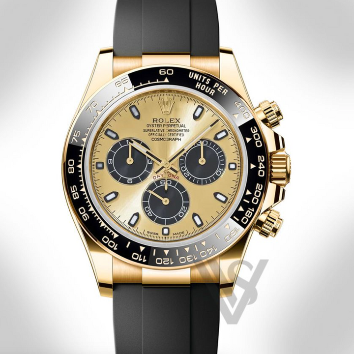 Brand New Rolex "Pikachu" Daytona Yelllow Gold Champagne and Black Index Dial Oysterflex