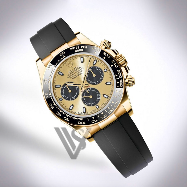 Brand New Rolex "Pikachu" Daytona Yelllow Gold Champagne and Black Index Dial Oysterflex