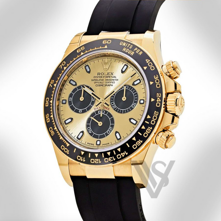 Brand New Rolex "Pikachu" Daytona Yelllow Gold Champagne and Black Index Dial Oysterflex