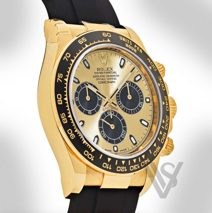 Brand New Rolex "Pikachu" Daytona Yelllow Gold Champagne and Black Index Dial Oysterflex