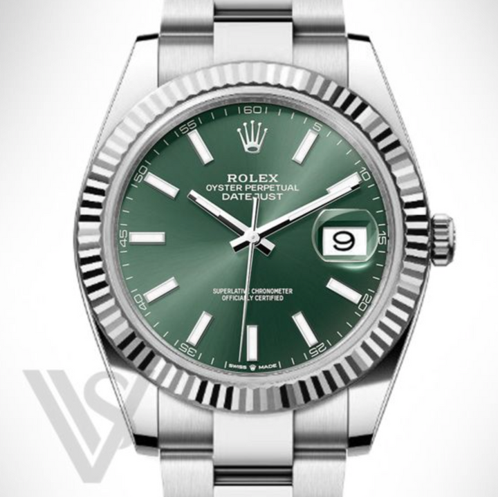 Brand New Rolex Datejust 41mm Green Index Dial Fluted Bezel Stainless Steel Oyster Bracelet
