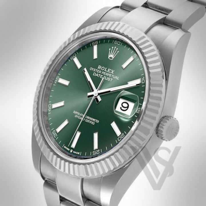 Brand New Rolex Datejust 41mm Green Index Dial Fluted Bezel Stainless Steel Oyster Bracelet