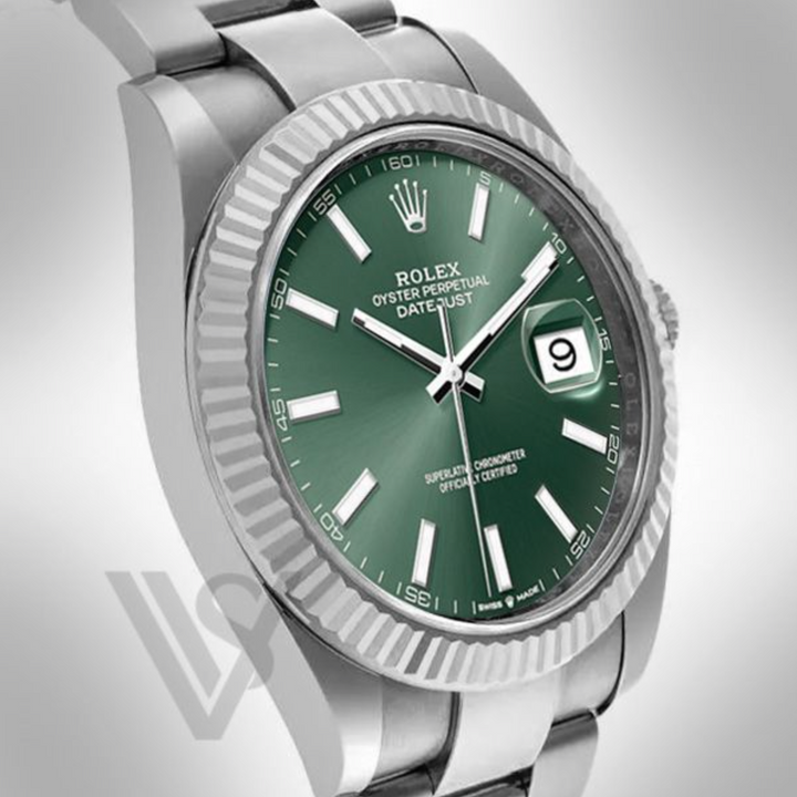 Brand New Rolex Datejust 41mm Green Index Dial Fluted Bezel Stainless Steel Oyster Bracelet