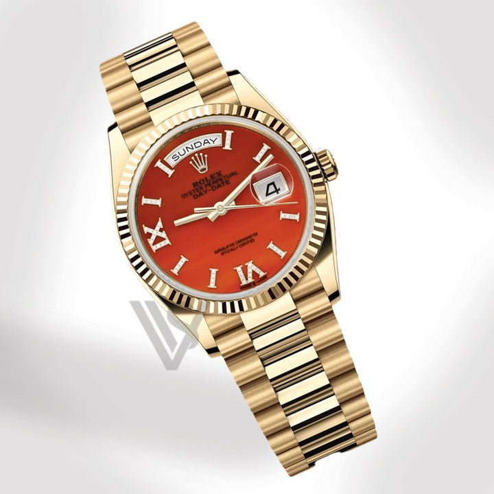 Brand New Rolex Yellow Gold Day-Date 36 Watch - Fluted Bezel - Carnelian Diamond Roman Dial - Presidential Bracelet