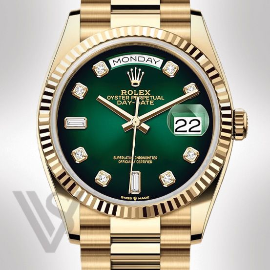 Brand New Rolex Yellow Gold Day-Date 36 Watch - Fluted Bezel - Green Ombre Baguette 6 & 9 Dial - Presidential Bracelet