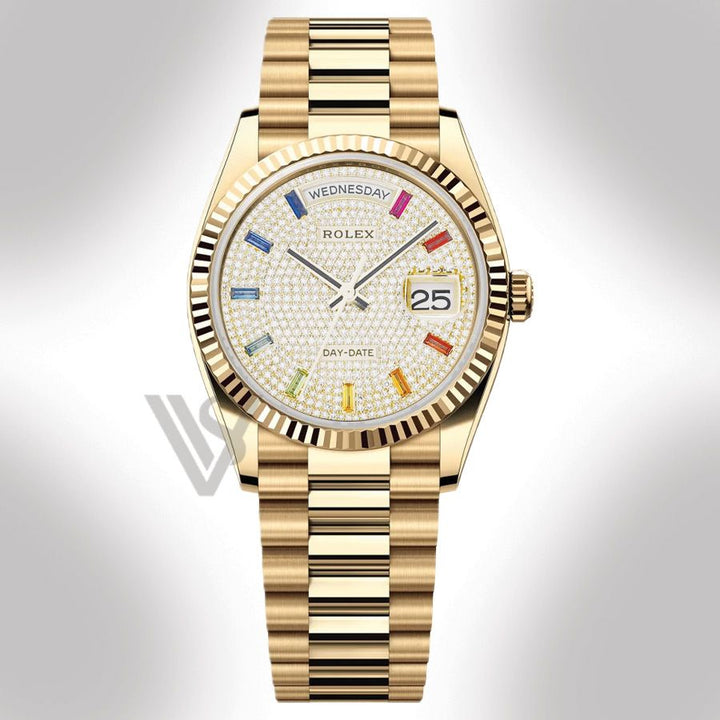 Brand New Rolex Yellow Gold Day-Date 36 Watch - Fluted Bezel - Pave Diamond Rainbow Sapphire Dial - Presidential Bracelet