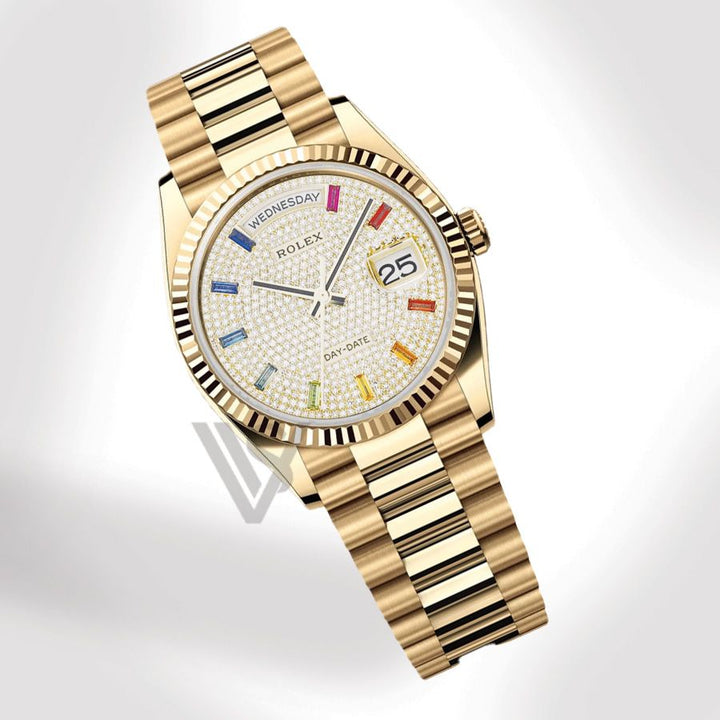 Brand New Rolex Yellow Gold Day-Date 36 Watch - Fluted Bezel - Pave Diamond Rainbow Sapphire Dial - Presidential Bracelet