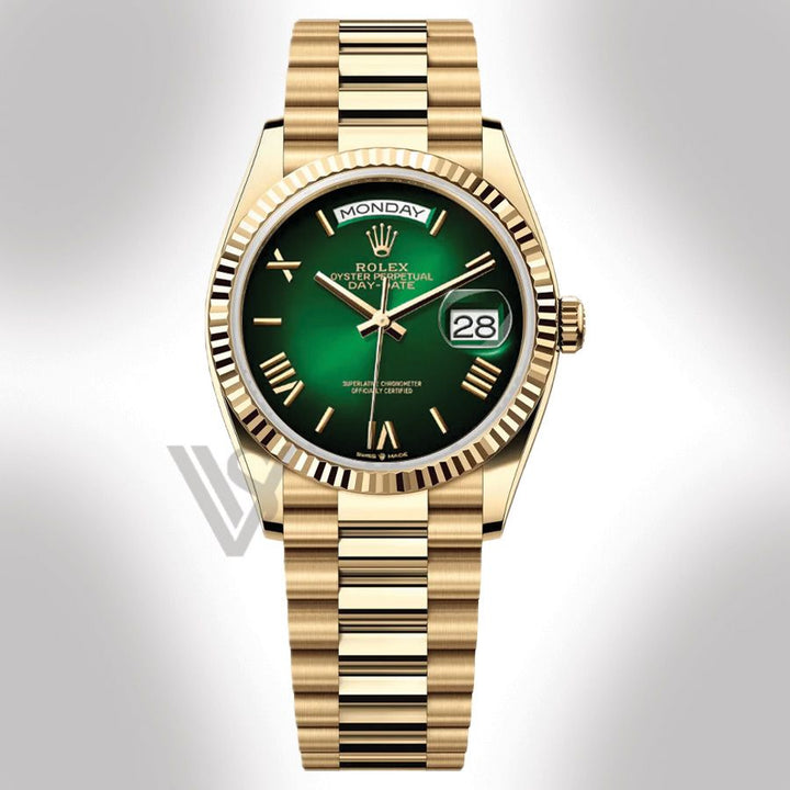 Brand New Rolex Yellow Gold Day-Date 36 Watch - Fluted Bezel - Green Ombre Roman Dial - Presidential Bracelet