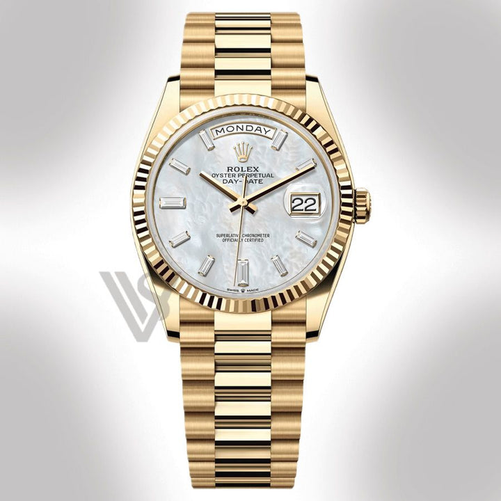 Brand New Rolex Yellow Gold Day-Date 36 Watch - Fluted Bezel - White Mother of Pearl Baguette Dial - Presidential Bracelet