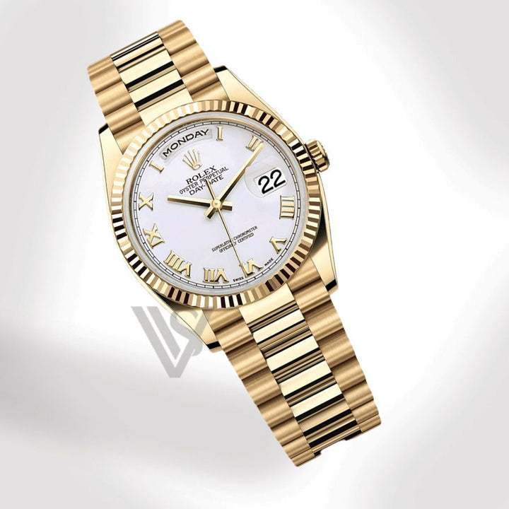 Brand New Rolex Yellow Gold Day-Date 36 Watch - Fluted Bezel - White Roman Dial - Presidential Bracelet