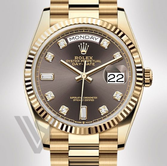 Brand New Rolex Yellow Gold Day-Date 36 Watch - Fluted Bezel - Dark Grey Diamond Baguette 6 & 9 Dial - Presidential Bracelet
