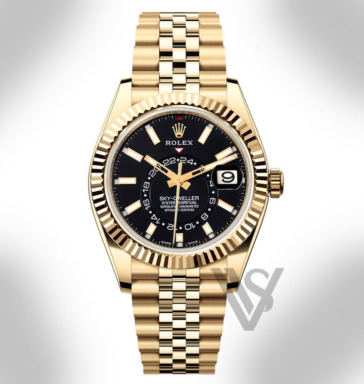 Brand New Rolex - Sky-Dweller - Black Index Dial - 18K Yellow Gold - Jubilee Bracelet
