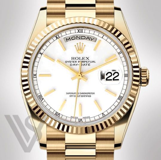 Brand New Rolex Yellow Gold Day-Date 36 Watch - Fluted Bezel - White Index Dial - Presidential Bracelet