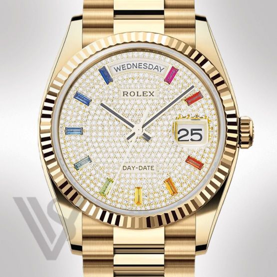 Brand New Rolex Yellow Gold Day-Date 36 Watch - Fluted Bezel - Pave Diamond Rainbow Sapphire Dial - Presidential Bracelet