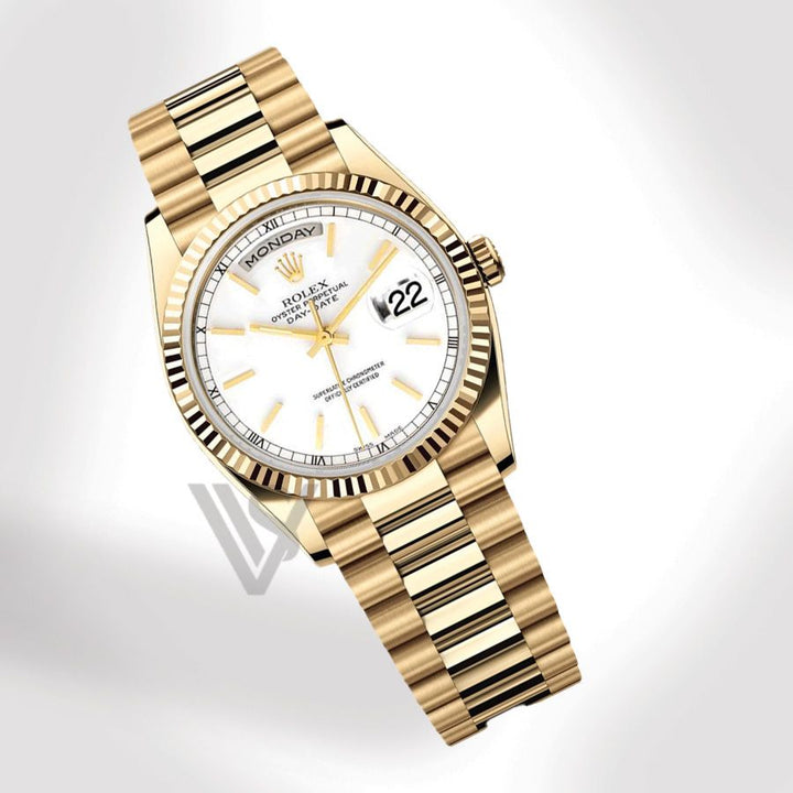 Brand New Rolex Yellow Gold Day-Date 36 Watch - Fluted Bezel - White Index Dial - Presidential Bracelet