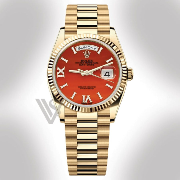 Brand New Rolex Yellow Gold Day-Date 36 Watch - Fluted Bezel - Carnelian Diamond Roman Dial - Presidential Bracelet