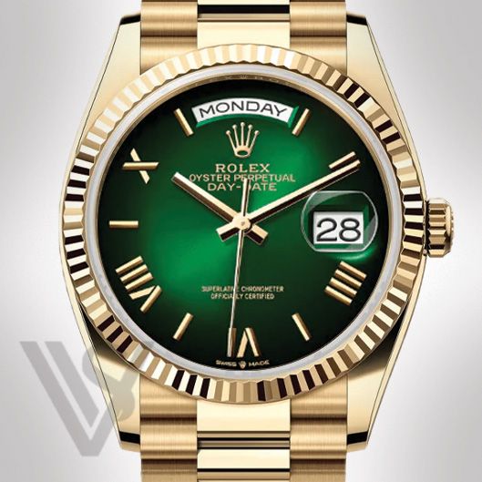 Brand New Rolex Yellow Gold Day-Date 36 Watch - Fluted Bezel - Green Ombre Roman Dial - Presidential Bracelet