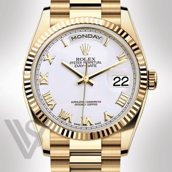 Brand New Rolex Yellow Gold Day-Date 36 Watch - Fluted Bezel - White Roman Dial - Presidential Bracelet