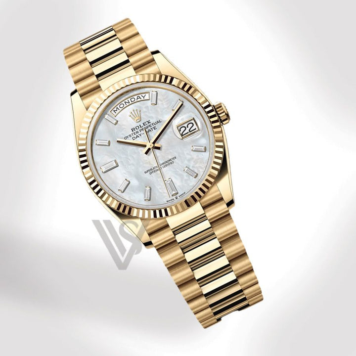 Brand New Rolex Yellow Gold Day-Date 36 Watch - Fluted Bezel - White Mother of Pearl Baguette Dial - Presidential Bracelet