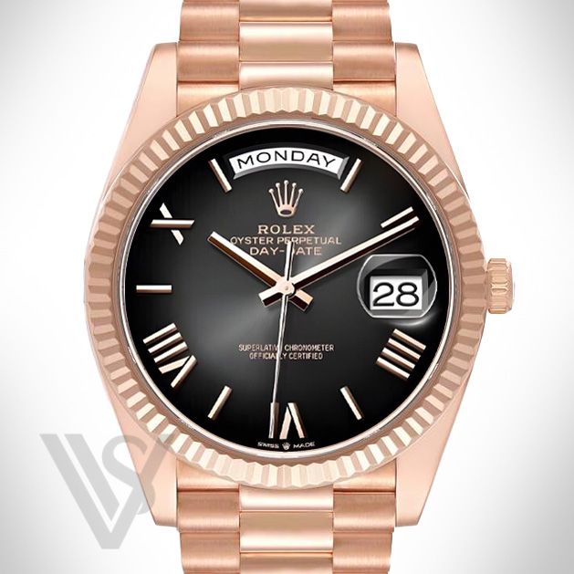 Brand New Rolex Rose Gold Day-Date 40 Watch Fluted Bezel Slate