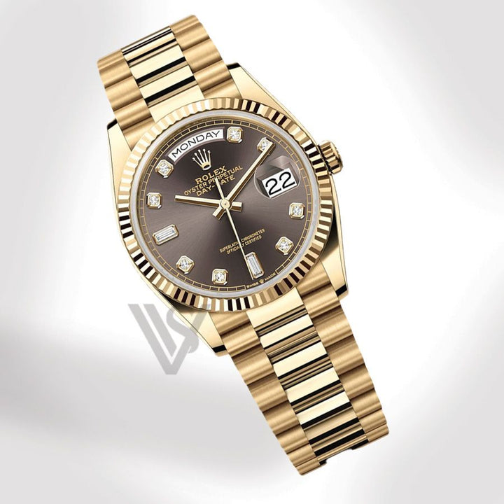 Brand New Rolex Yellow Gold Day-Date 36 Watch - Fluted Bezel - Dark Grey Diamond Baguette 6 & 9 Dial - Presidential Bracelet