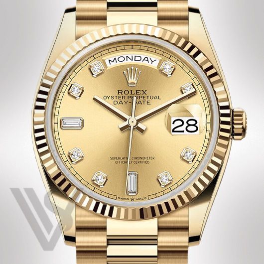 Pre Owned Rolex Yellow Gold Day-Date 36 Watch - Fluted Bezel - Champagne Baguette 6 & 9 Dial - Presidential Bracelet 2022