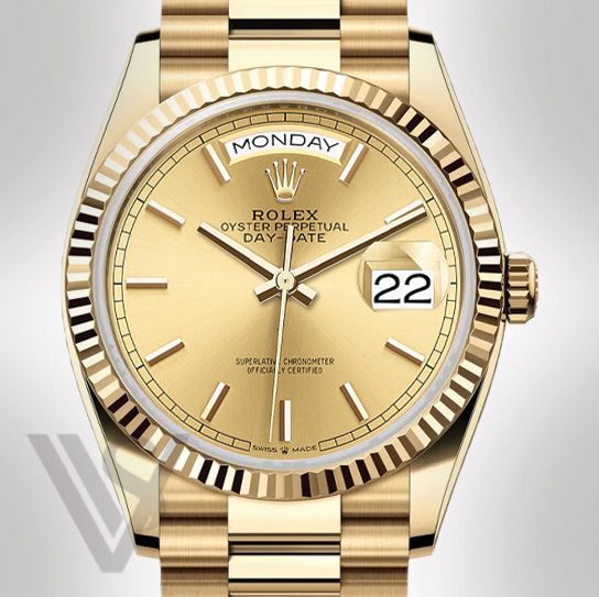 Pre Owned Rolex Yellow Gold Day-Date 36 Watch - Fluted Bezel - Champagne Index Dial - Presidential Bracelet 2022