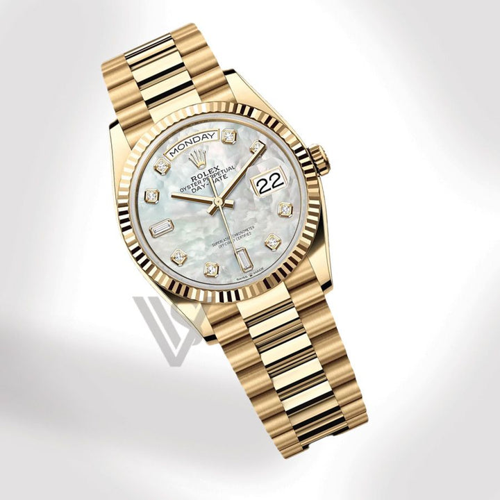Brand New Rolex Yellow Gold Day-Date 36 Watch - Fluted Bezel - White Mother of Pearl Baguette 6 & 9 Dial - Presidential Bracelet