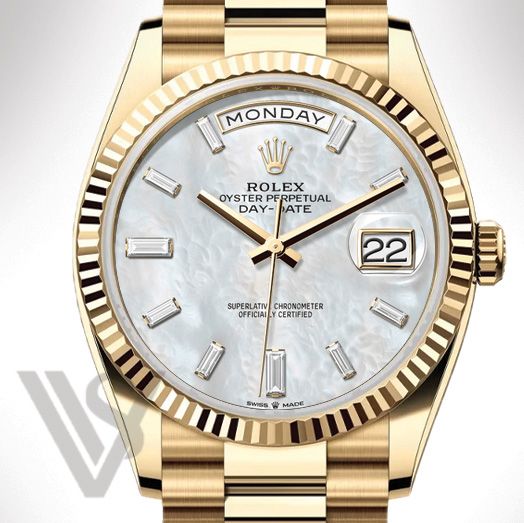 Brand New Rolex Yellow Gold Day-Date 36 Watch - Fluted Bezel - White Mother of Pearl Baguette Dial - Presidential Bracelet