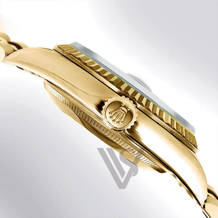 Brand New Rolex Yellow Gold Day-Date 36 Watch - Fluted Bezel - Green Ombre Baguette 6 & 9 Dial - Presidential Bracelet