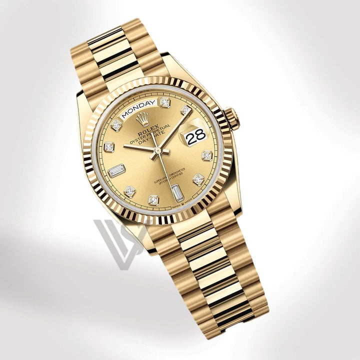 Pre Owned Rolex Yellow Gold Day-Date 36 Watch - Fluted Bezel - Champagne Baguette 6 & 9 Dial - Presidential Bracelet 2022