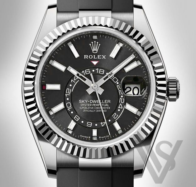 Brand New Rolex - Sky-Dweller - Black Index Dial - 18K White Gold - Oysterflex Bracelet
