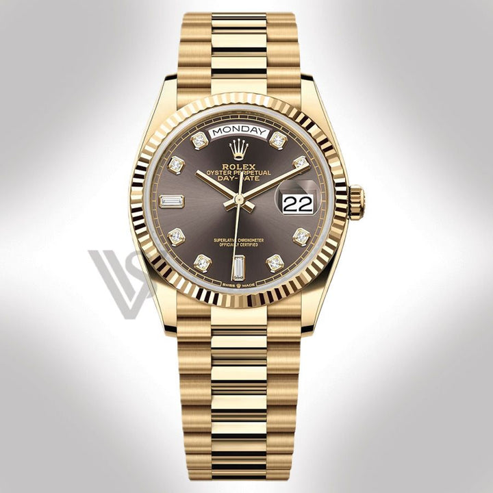Brand New Rolex Yellow Gold Day-Date 36 Watch - Fluted Bezel - Dark Grey Diamond Baguette 6 & 9 Dial - Presidential Bracelet