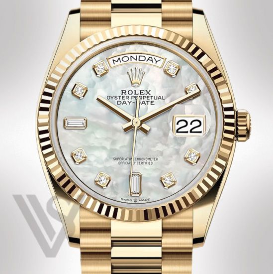 Brand New Rolex Yellow Gold Day-Date 36 Watch - Fluted Bezel - White Mother of Pearl Baguette 6 & 9 Dial - Presidential Bracelet