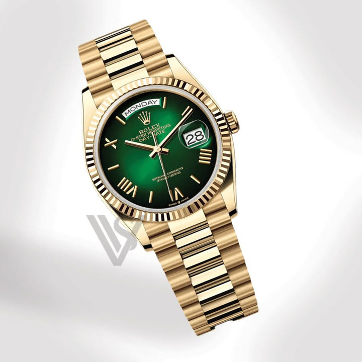 Brand New Rolex Yellow Gold Day-Date 36 Watch - Fluted Bezel - Green Ombre Roman Dial - Presidential Bracelet