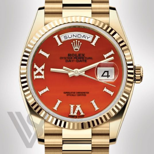 Brand New Rolex Yellow Gold Day-Date 36 Watch - Fluted Bezel - Carnelian Diamond Roman Dial - Presidential Bracelet