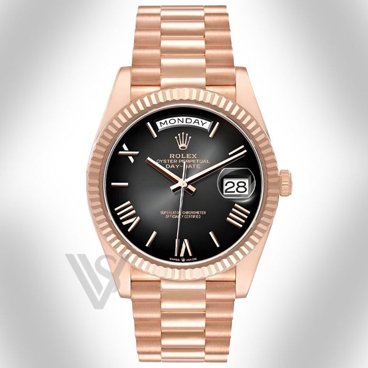Brand New Rolex Rose Gold Day-Date 40 Watch - Fluted Bezel - Slate Ombre Dial - Presidential Bracelet