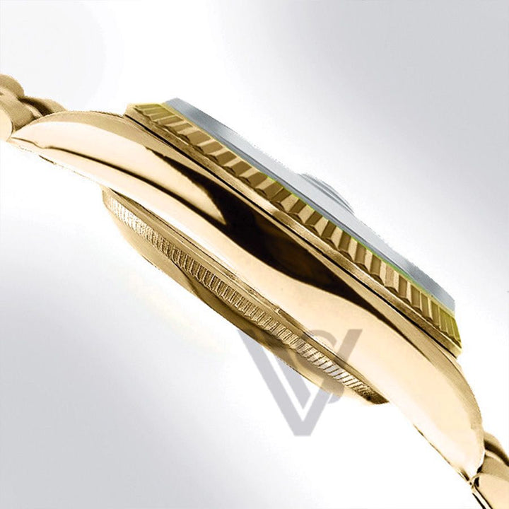 Brand New Rolex Yellow Gold Day-Date 36 Watch - Fluted Bezel - White Mother of Pearl Baguette 6 & 9 Dial - Presidential Bracelet