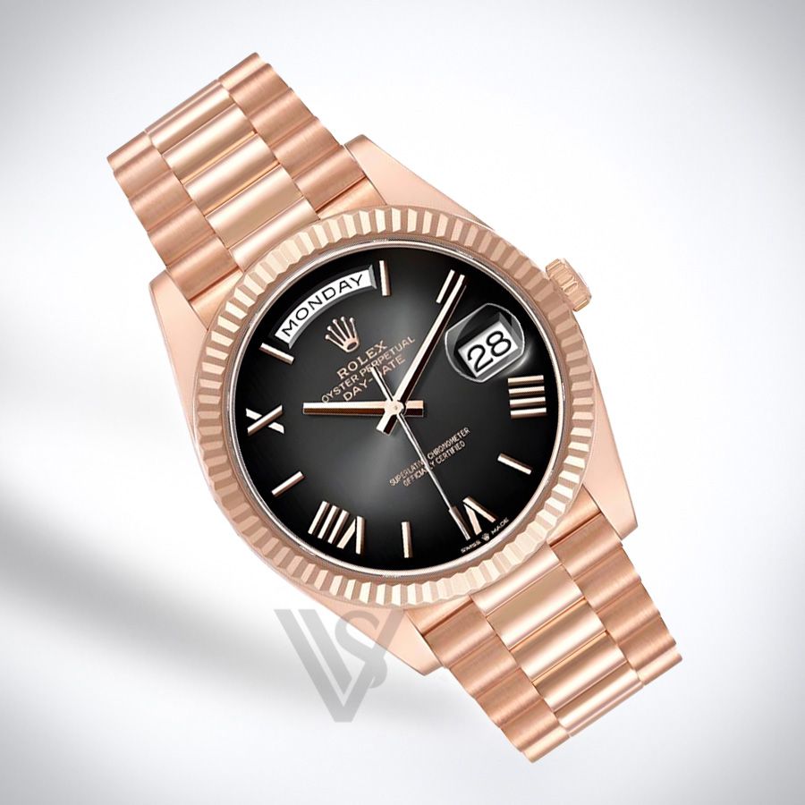 Brand New Rolex Rose Gold Day-Date 40 Watch - Fluted Bezel - Slate Ombre Dial - Presidential Bracelet