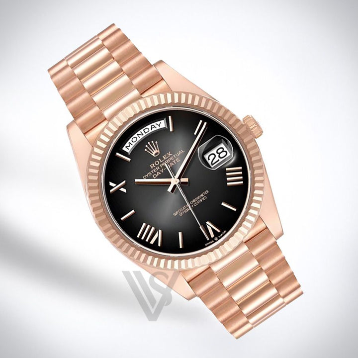 Brand New Rolex Rose Gold Day-Date 40 Watch - Fluted Bezel - Slate Ombre Dial - Presidential Bracelet