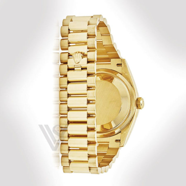 Brand New Rolex Yellow Gold Day-Date 36 Watch - Fluted Bezel - Green Ombre Baguette 6 & 9 Dial - Presidential Bracelet