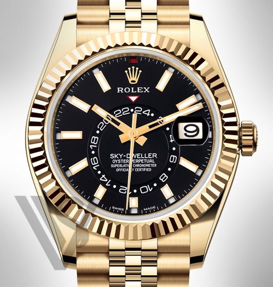 Brand New Rolex Sky-Dweller Black Index Dial 18K Yellow Gold