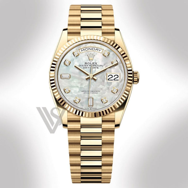 Brand New Rolex Yellow Gold Day-Date 36 Watch - Fluted Bezel - Mother of Pearl Diamond 6 & 9 Dial - Presidential Bracelet
