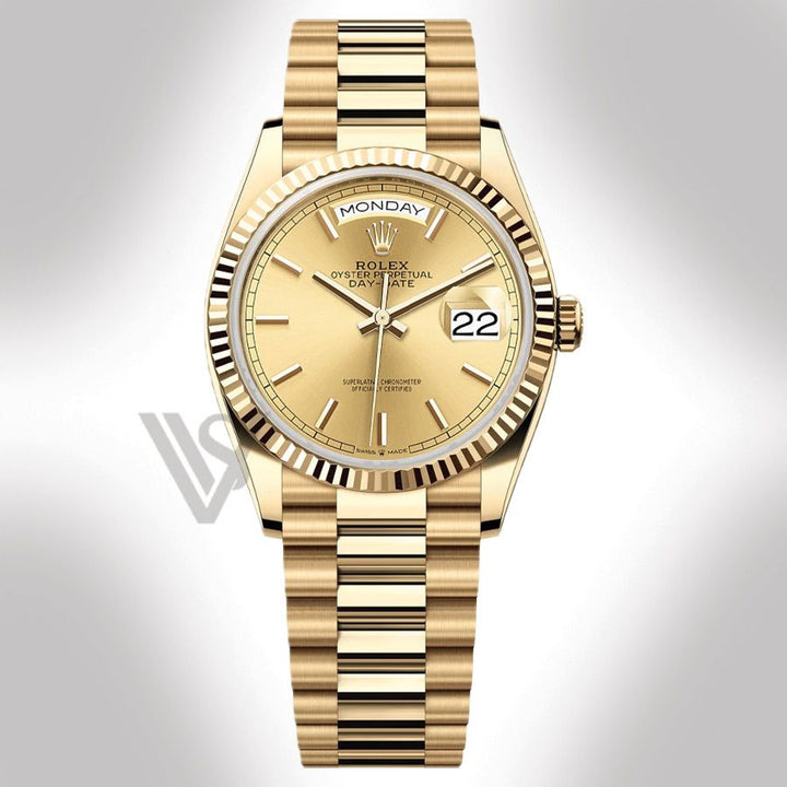 Pre Owned Rolex Yellow Gold Day-Date 36 Watch - Fluted Bezel - Champagne Index Dial - Presidential Bracelet 2022