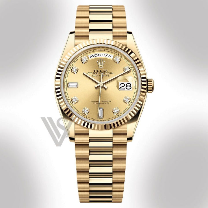 Pre Owned Rolex Yellow Gold Day-Date 36 Watch - Fluted Bezel - Champagne Baguette 6 & 9 Dial - Presidential Bracelet 2022
