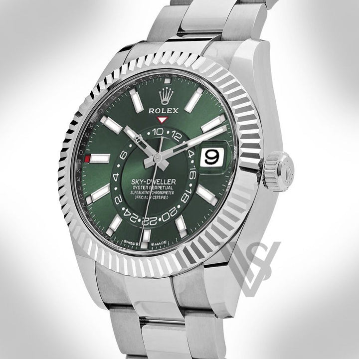 Brand New Rolex - Sky-Dweller - White Rolesor - Green Index Dial  - Oyster Bracelet